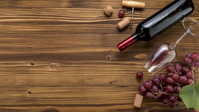 Top view wine bottle with glass wooden background. Resolution and high quality beautiful photo