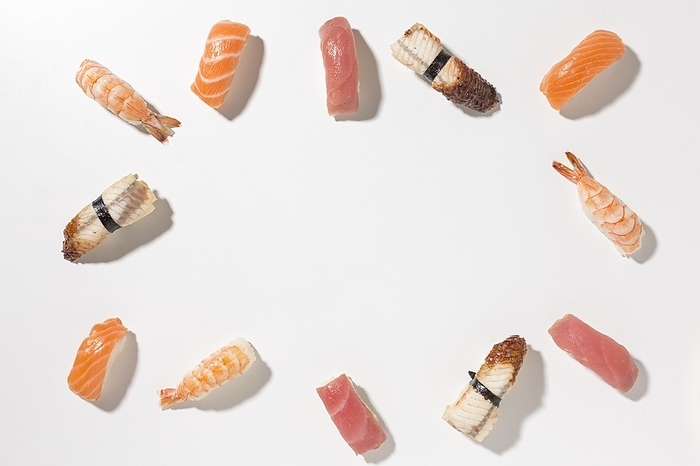 Top view selection tasty sushi with copy space