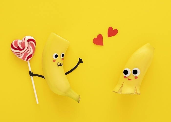 Top view cute bananas with lollipop