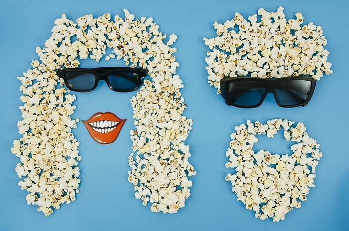 Flat lay popcorn 3d glasses cinema concept
