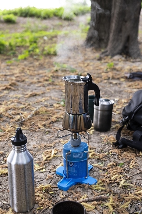 An espresso maker on a camping gas barbecue, Düsseldorf, Germany, Europe