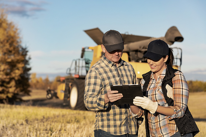 A husband and wife standing in front of a combine harvester and using a portable wireless device to manage and monitor the yield during their fall, canola harvest; Alcomdale, Alberta, Canada, by LJM Photo / Design Pics