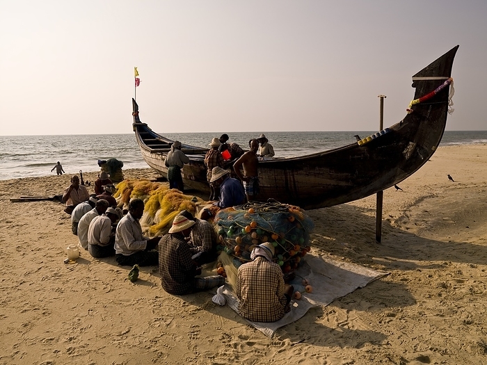 India Fishermen Working On Fishing Nets On A Beach  Kerala,India, by Keith Levit   Design Pics