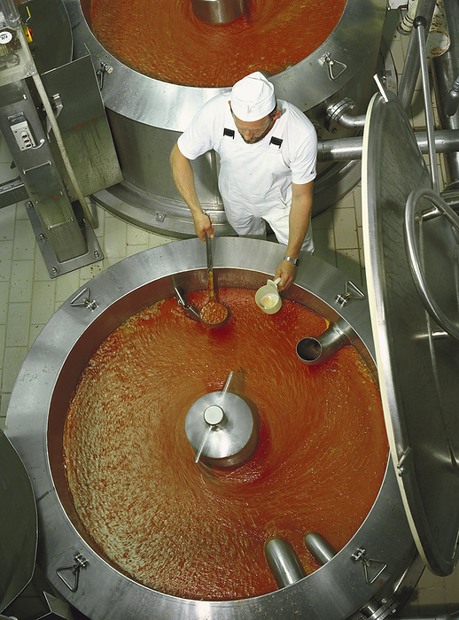Agriculture - Food production industry; a food technician takes a sample from a boiling vessel used in the production of soups and sauces / Europe., by Maximilian Stock, Ltd. / Design Pics