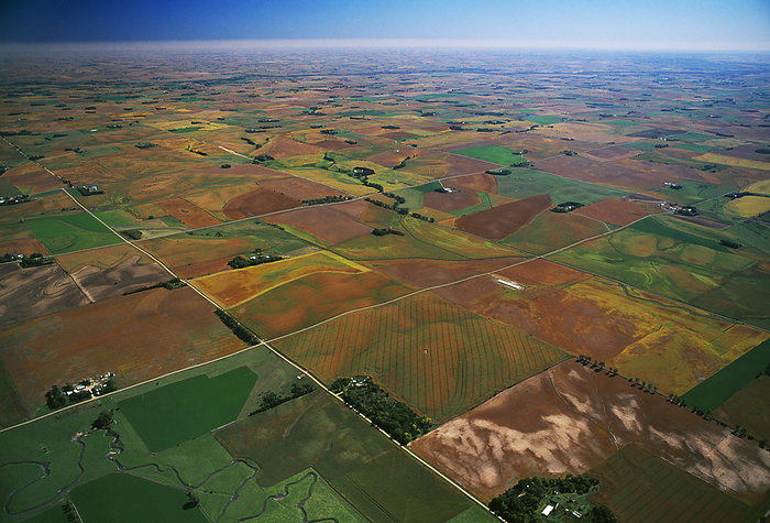America Agriculture   Aerial view of farmsteads and agricultural fields in Autumn   near Yankton, South Dakota, USA., by Jim Wark   Design Pics