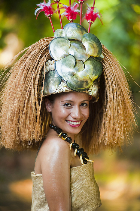 Traditional Headress Worn By Young Samoan Woman; Upulu Island, Samoa, by David Kirkland / Design Pics
