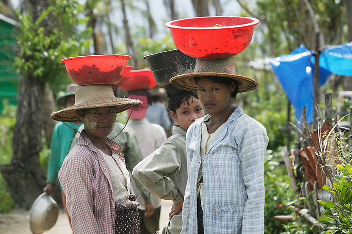 Myanmar Young Women Carrying Heavy Sand In Bowls On Their Heads  Kan Nyi Naung Village, Labutta, Myanmar, by Jim Holmes   Design Pics