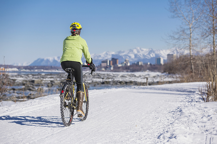 America A Young Woman Rides A Studded Tire Bicycle Down The Tony Knowles Coastal Trail, Anchorage, Southcentral Alaska, Usa., by Kevin G. Smith   Design Pics