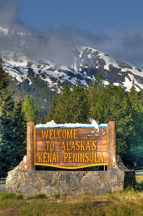 Welcome To Alaska's Kenai Peninsula Sign And The Kenai Mountains, Southcentral, Alaska, Hdr, by Lucas Payne / Design Pics