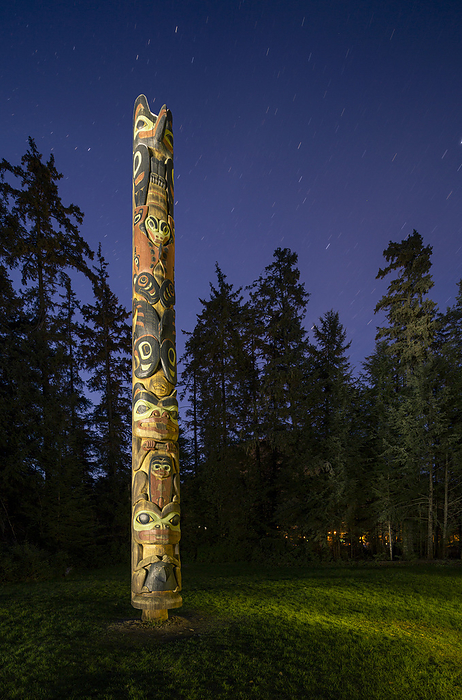 America Totem Pole Lit Up At Night In Sitka National Historic Park, Southeast Alaska, USA, Summer, by Kevin G. Smith   Design Pics