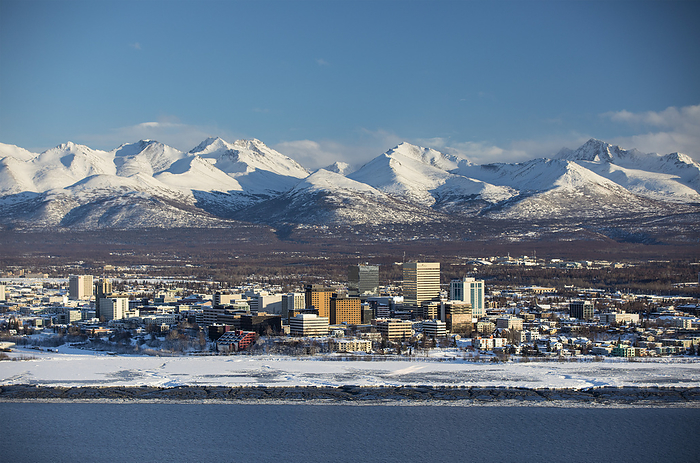 America Snow covered downtown Anchorage with the Chugach Mountains directly in the background, South central Alaska  Anchorage, Alaska, United States of America, by Kevin G. Smith   Design Pics