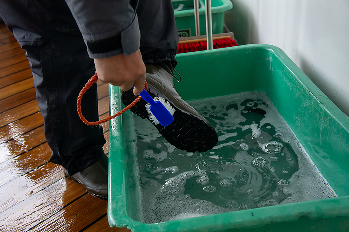 Antarctic Tour Shoe Cleaning Washing shoes to avoid bringing in invasive species when going ashore in a Zodiac on an eco tour.