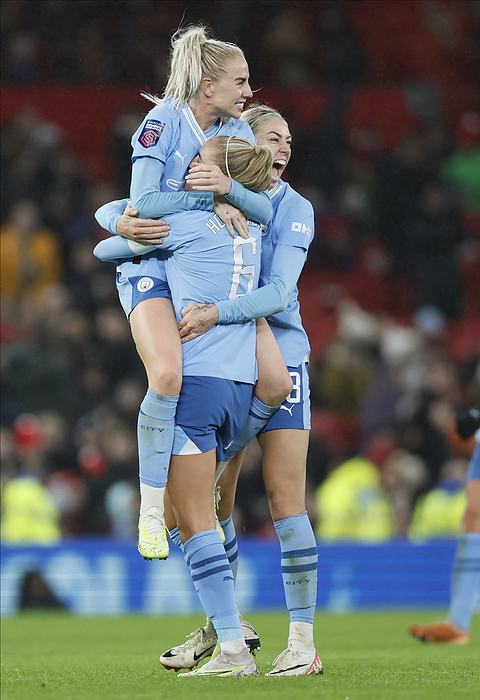 Manchester United v Manchester City   Barclays Women s Super League Alex Greenwood, Steph Houghton, and Alanna Kennedy of Manchester City celebrate after winning the Barclays Women s Super League match between Manchester United and Manchester City at Old Trafford on November 19, 2023 in Manchester, England.  This Photograph May Only Be Used For Newspaper And Or Magazine Editorial Purposes. May Not Be Used For Publications Involving 1 Player, 1 Club Or 1 Competition Without Written Authorisation From Football DataCo Ltd. For Any Queries, Please Contact Football DataCo Ltd on  44  0  207 864 9121