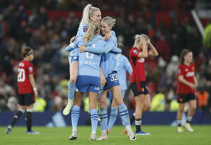 Manchester United v Manchester City   Barclays Women s Super League Alex Greenwood, Steph Houghton, and Alanna Kennedy of Manchester City celebrate after winning the Barclays Women s Super League match between Manchester United and Manchester City at Old Trafford on November 19, 2023 in Manchester, England.  This Photograph May Only Be Used For Newspaper And Or Magazine Editorial Purposes. May Not Be Used For Publications Involving 1 Player, 1 Club Or 1 Competition Without Written Authorisation From Football DataCo Ltd. For Any Queries, Please Contact Football DataCo Ltd on  44  0  207 864 9121