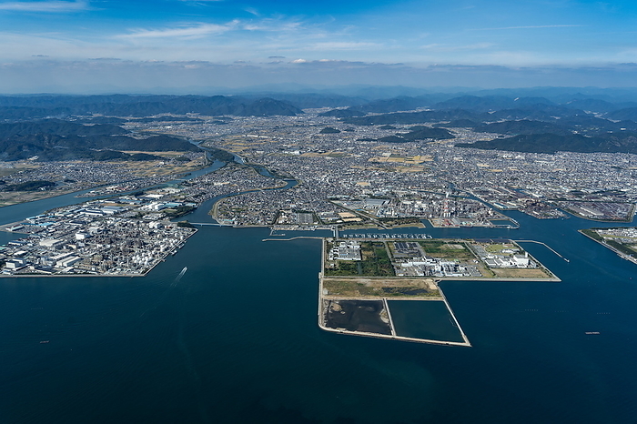 Cityscape of Himeji City from Himeji Port and factories