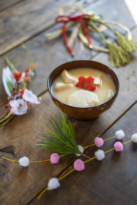 Zoni with white miso paste and New Year's decorations