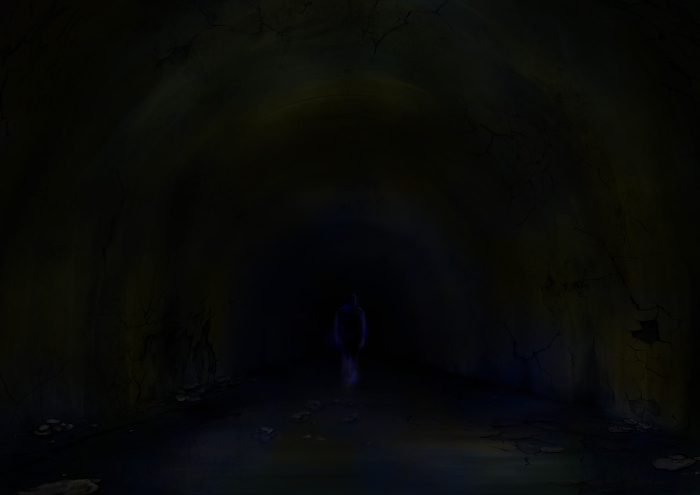 sepia illustration of a ghost standing in a scary tunnel