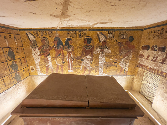 Reliefs and paintings in the tomb of Tutankhamun, with his sarcophagus in the lower center, Valley of the Kings, UNESCO World Heritage Site, Thebes, Egypt, North Africa, Africa Reliefs and paintings in the tomb of Tutankhamun, with his sarcophagus in the lower center, Valley of the Kings, UNESCO World Heritage Site, Thebes, Egypt, North Africa, Africa, by Michael Nolan