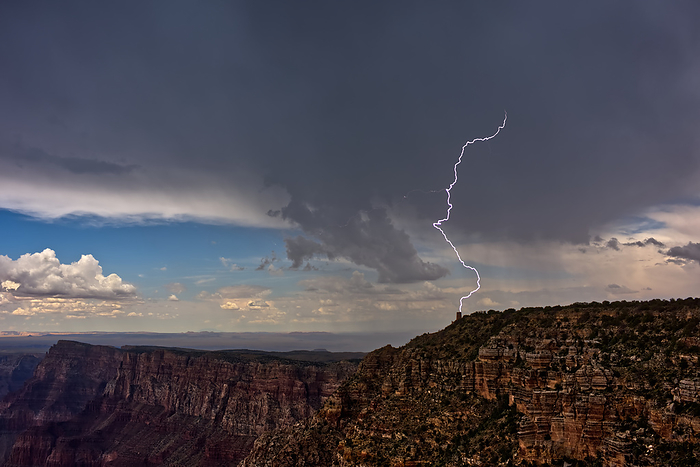 Lightning striking the Desert View Watchtower on Grand Canyon South Rim during the 2023 Arizona Monsoon season, viewed from Navajo Point, Grand Canyon National Park, UNESCO World Heritage Site, Arizona, United States of America, North America Lightning striking the Desert View Watchtower on Grand Canyon South Rim during the 2023 Arizona Monsoon season, viewed from Navajo Point, Grand Canyon National Park, UNESCO World Heritage Site, Arizona, United States of America, North America, by Steven Love