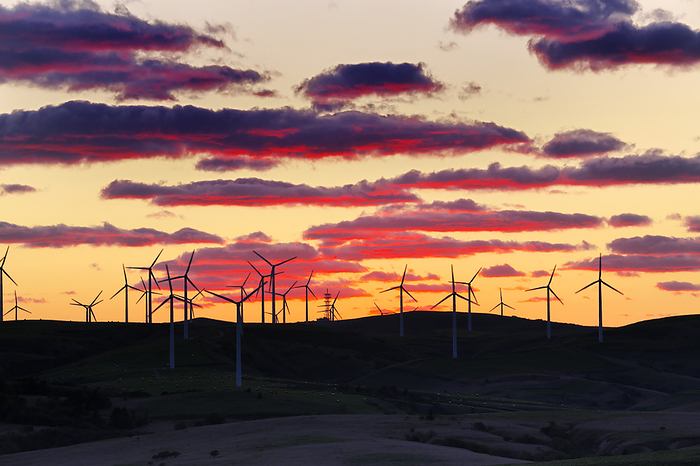 Evening view of wind power generation in Soya Hills, Hokkaido, Japan