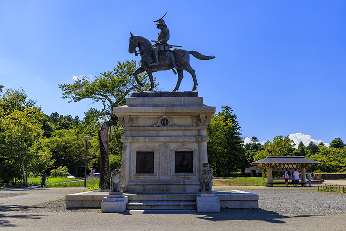 Statue of Date Masamune mounted on a horse at the ruins of Sendai Castle, Sendai City, Miyagi Prefecture