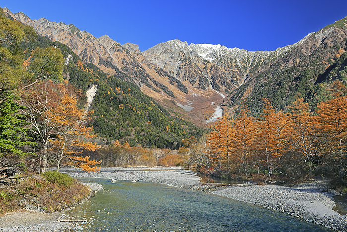 Azusa River and Hotaka mountain range from Kappa-bashi bridge in Kamikochi, Nagano