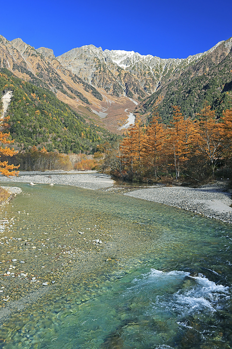 Azusa River and Hotaka mountain range from Kappa-bashi bridge in Kamikochi, Nagano