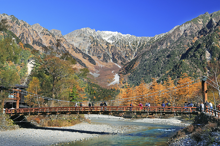 Kappa Bridge on Azusa River and Hotaka Mountain Range in Kamikochi, Nagano Prefecture