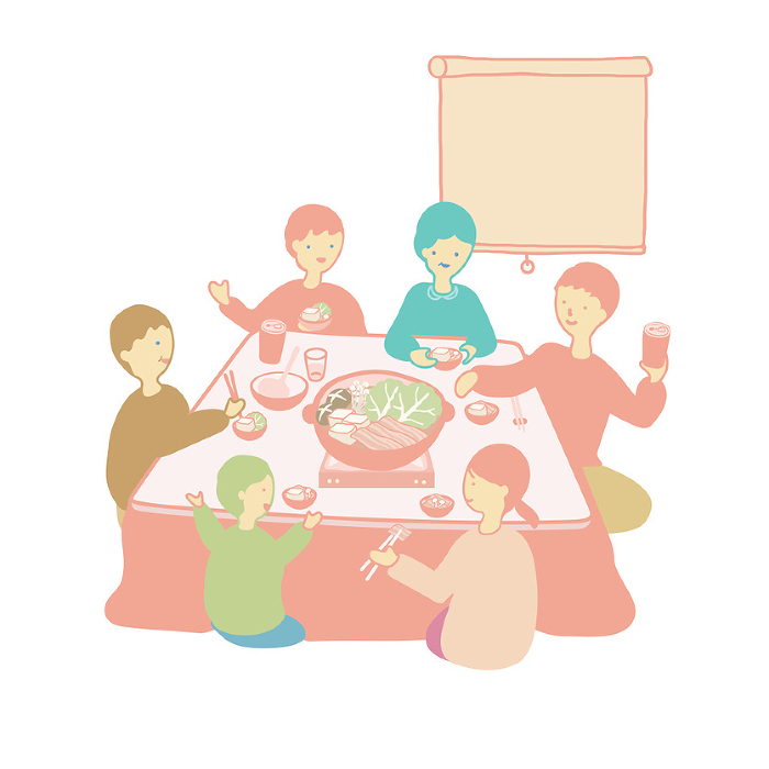 Vector illustration of a family dining around a potluck