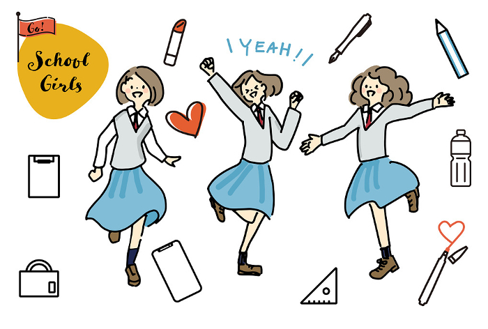 Set of hand-drawn illustrations of schoolgirls and icons related to school and stationery