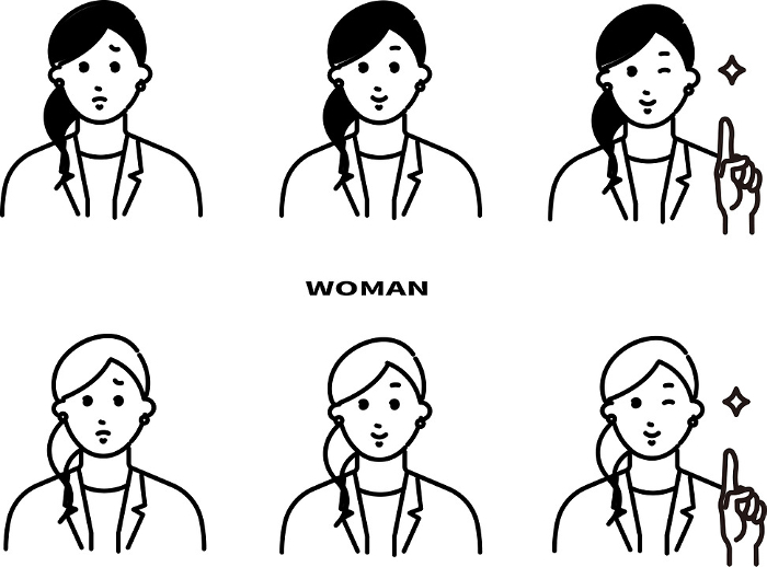 Woman - upper body - various expressions - set - white background simple black and white line drawing