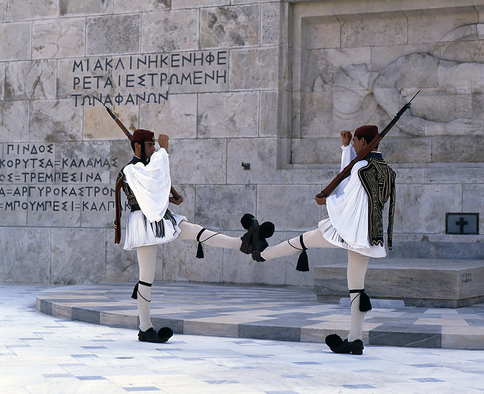 Parliament and Changing of the Guard, Athens, Greece, 2018. Creator: Ethel Davies. Sentries from the elite light infantry 24 hour honour guard who change every hour, in front of the Tomb of the Unknown Solider, Syntagma Square, Athens, Greece, 2018. Creator: Ethel Davies.
