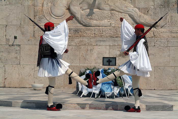 Parliament and Changing of the Guard, Athens, Greece, 2003. Creator: Ethel Davies. Sentries from the elite light infantry 24 hour honour guard who change every hour, in front of the Tomb of the Unknown Solider, Syntagma Square, Athens, Greece, 2003. Creator: Ethel Davies.