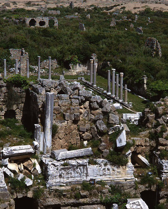 Side, Turkey, 2019. Creator: Ethel Davies. Columns of ancient temples remain at the ancient Greco Roman port and now resort town of Side, on the Mediterranean Sea, Turkey, 2019. Creator: Ethel Davies.