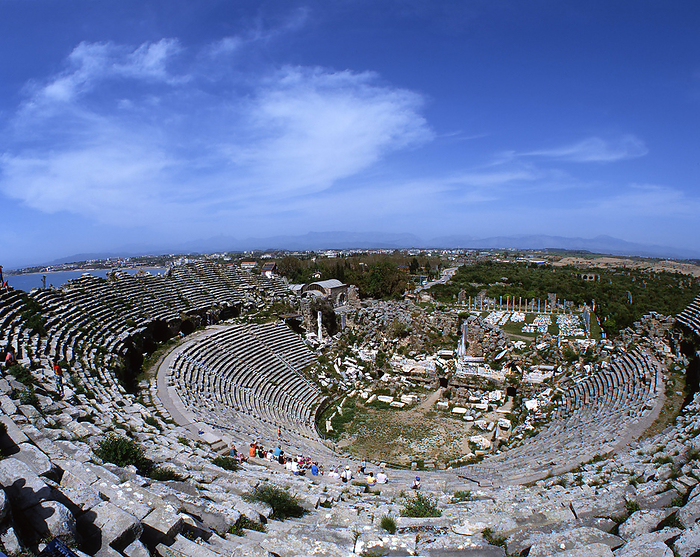 Side, Turkey, 2019. Creator: Ethel Davies. The magnificent and relatively well reserved Roman theatre in Side provides good views of both the distant mountains and Mediterranean Sea coast, Turkey, 2019. Creator: Ethel Davies.