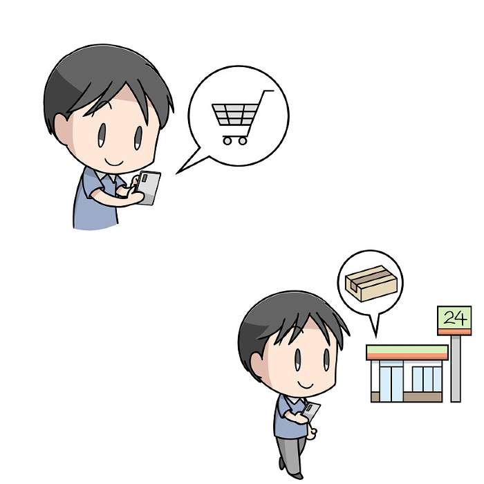 Clip art of man using convenience store pickup for Internet shopping