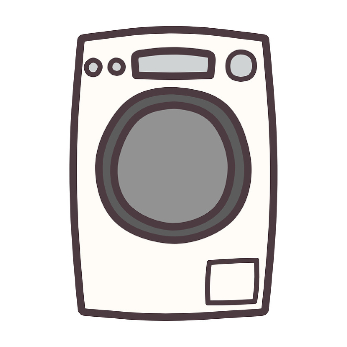 Hand drawn illustration of a simple deformed drum-type washing machine.