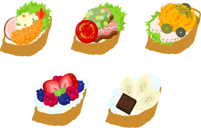 Delicious and cute open sandwich icons with fried shrimp, potato salad, etc.