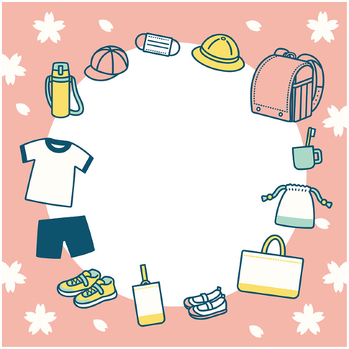 Illustration set of necessary belongings for entering elementary school, frame, pastel colors