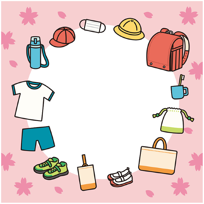Illustration set of necessary belongings for entering elementary school Frame