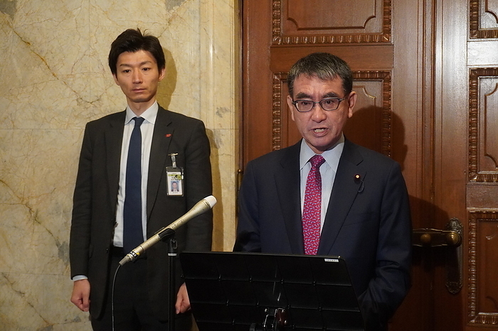 Digital Minister Taro Kono at a press conference following a cabinet meeting. Digital Minister Taro Kono  right  attends a press conference after a cabinet meeting in the Diet at 8:35 a.m. on November 28, 2023.