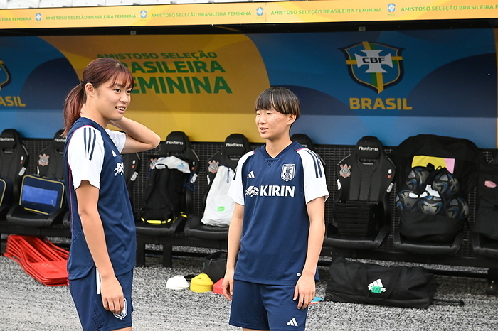 Japan women s national soccer team training session Japan s Rion Ishikawa  L  and Aoba Fujino during a trainining session ahead of the international friendly soccer match against Brazil at Neo Quimica Arena in Sao Paulo, Brazil, November 29, 2023.  Photo by JFA AFLO 