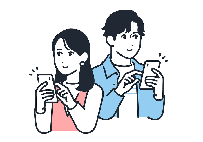 Simple vector illustration of a young couple smiling and operating a smartphone.