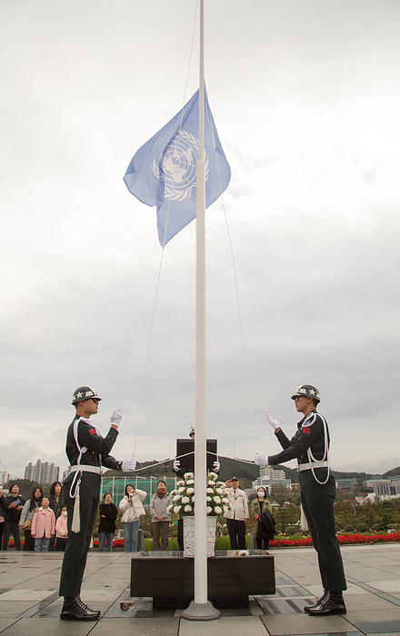 The U.N. Memorial Cemetery in South Korea The U.N. Memorial Cemetery, Nov 10, 2023 : South Korean soldiers hoist the U.N. flag at the U.N. Memorial Cemetery in Busan, about 420 km  261 miles  southeast of Seoul, South Korea. About 2,300 war veterans from 11 countries are buried at the cemetery, including veterans from Canada, Britain, Australia and Turkey. Twenty one countries sent about 1.96 million soldiers and medics during the 1950 53 Korean War. More than 40,000 of the U.N. troops were killed in action and about 10,000 are still missing, according to local media. The Korean War ended in a truce, not a peace treaty.  Photo by Lee Jae Won AFLO 