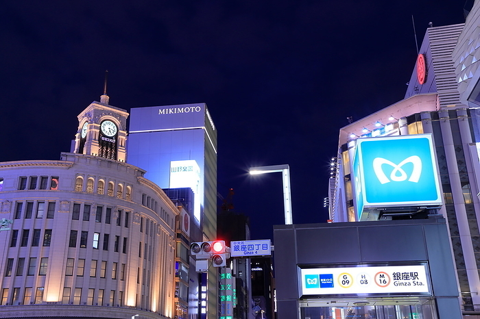 Night view of Ginza 4-chome intersection and subway entrance/exit, Tokyo