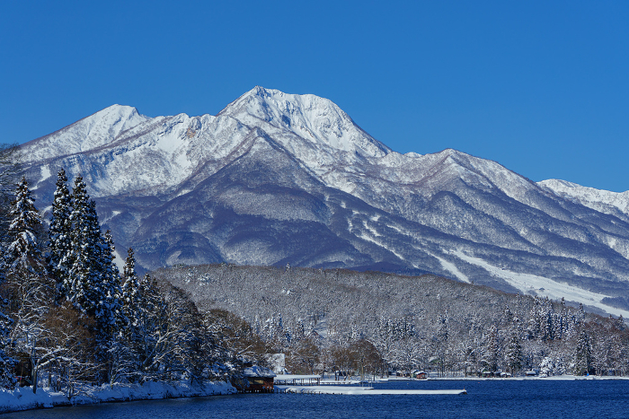 Mt. Myoko from Lake Nojiriko Winter Snow Scene