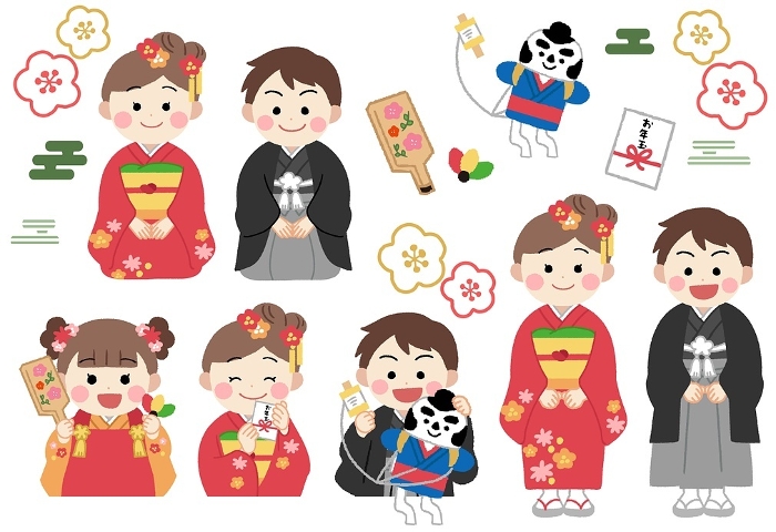 Clip art set of New Year's card of child in kimono
