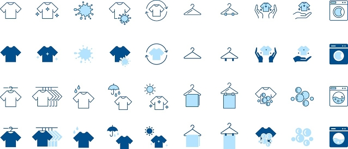 Line drawing and silhouette icon set of blue two-color clothing