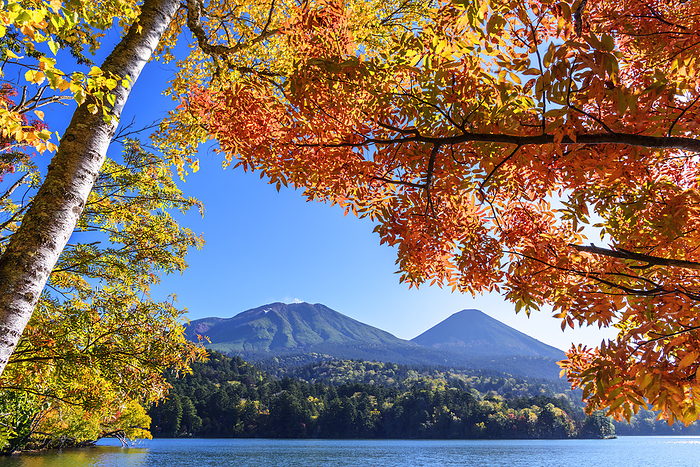 Mt. Onna-Akan and Mt. Akanfuji in autumn leaves from Onneto, Hokkaido