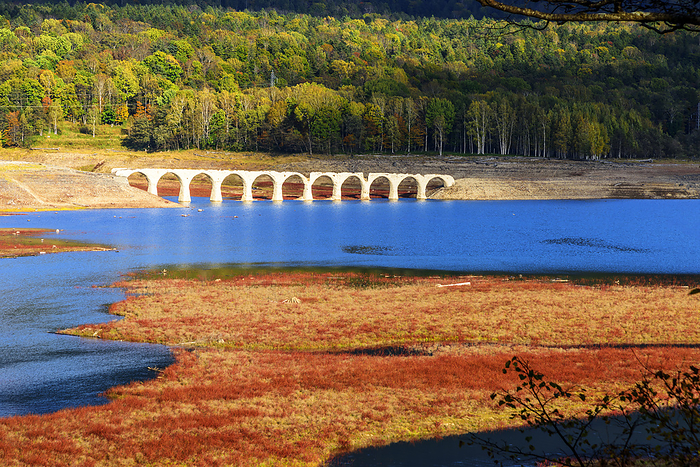 Hokkaido Tausubetsu River Bridge and Lake Nukabira in Autumn Color Former JNR Shihoro Line